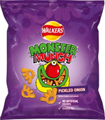 Walkers Monster Munch Pickled Onion snack bag showing crunchy corn snacks with pickled onion flavor and bright packaging.