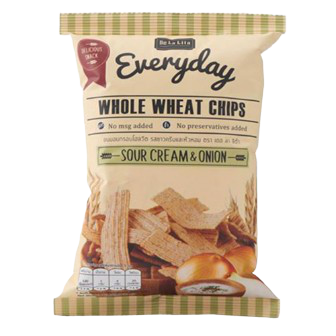 De La Lita Whole Wheat Chips Sour Cream flavor, crunchy confectionery snack with whole wheat, in a colorful package.