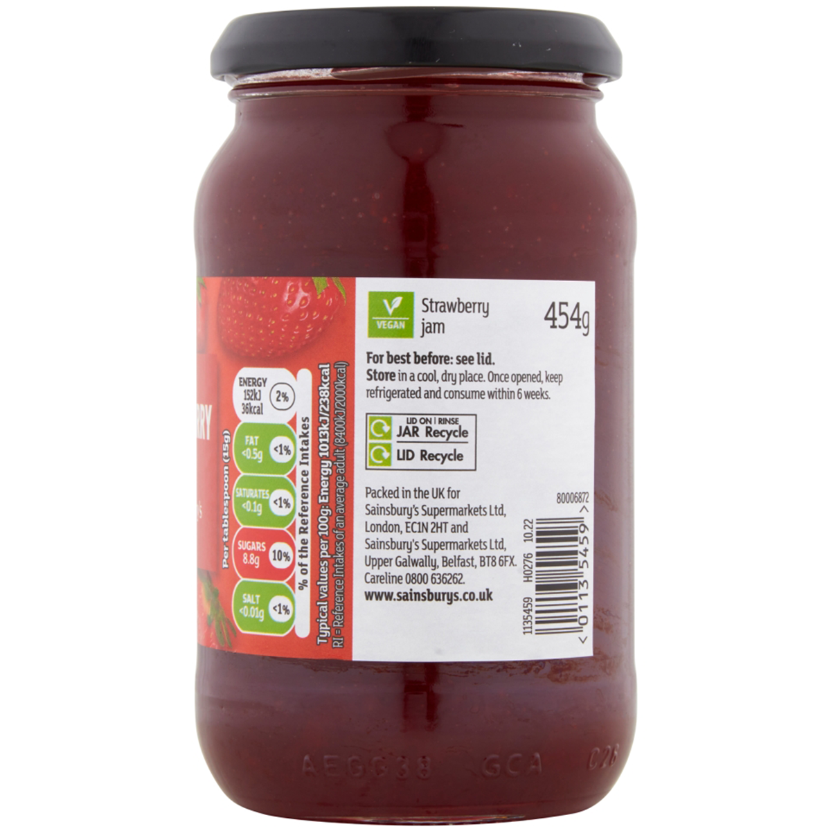 Sainsbury's strawberry jam jar with red fruit spread visible, labeled as grocery product, on a white background.