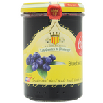 Les Comtes De Provence blueberry jam jar with label, showing fresh blueberries around the jar on a white background.
