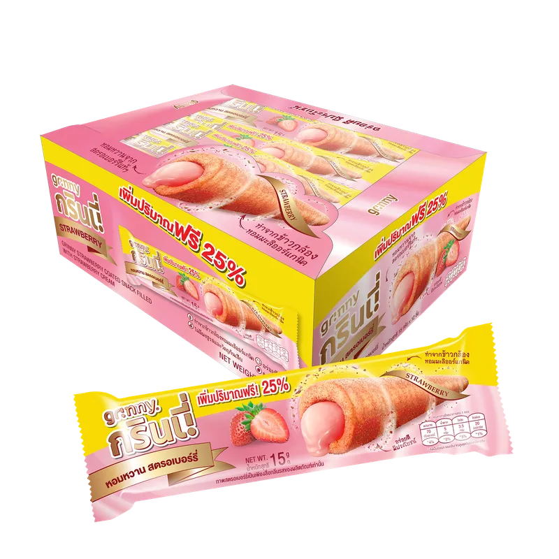 Grinny strawberry-coated snack filled with cream, 15g x 3 packs, sweet confectionery treat from dry grocery snack selection.