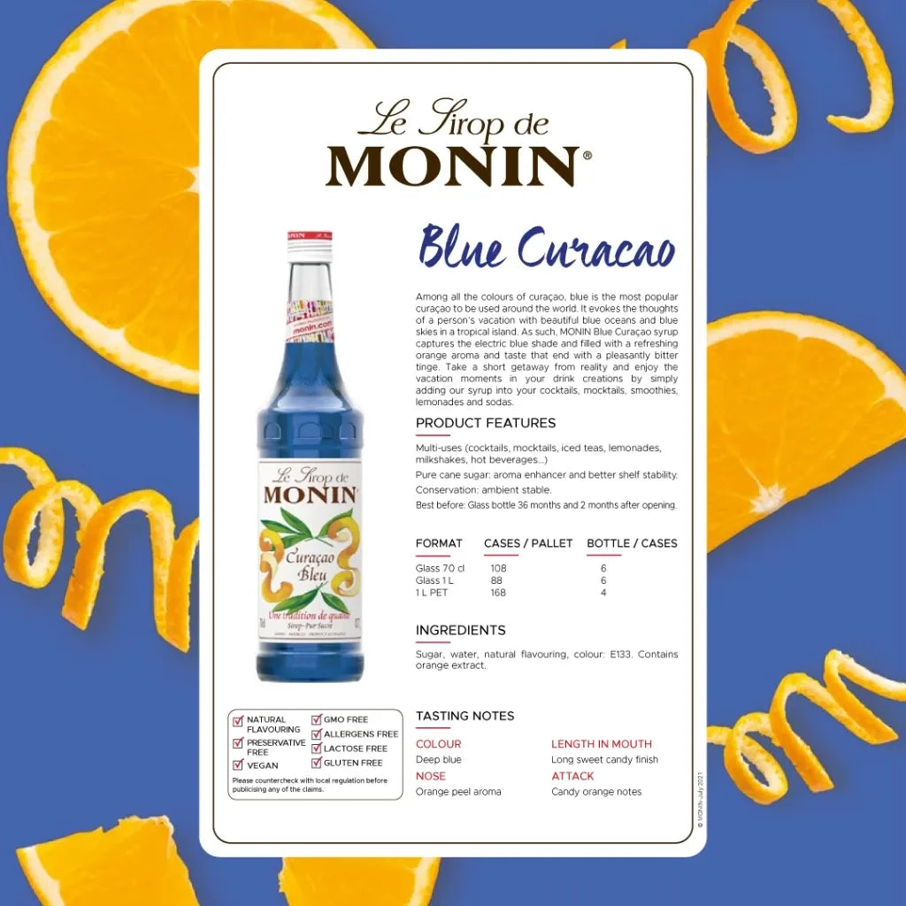 Bottle of MONIN Blue Curacao Syrup 700ml for cocktails and drinks, featuring a bright blue liquid in a clear plastic bottle.