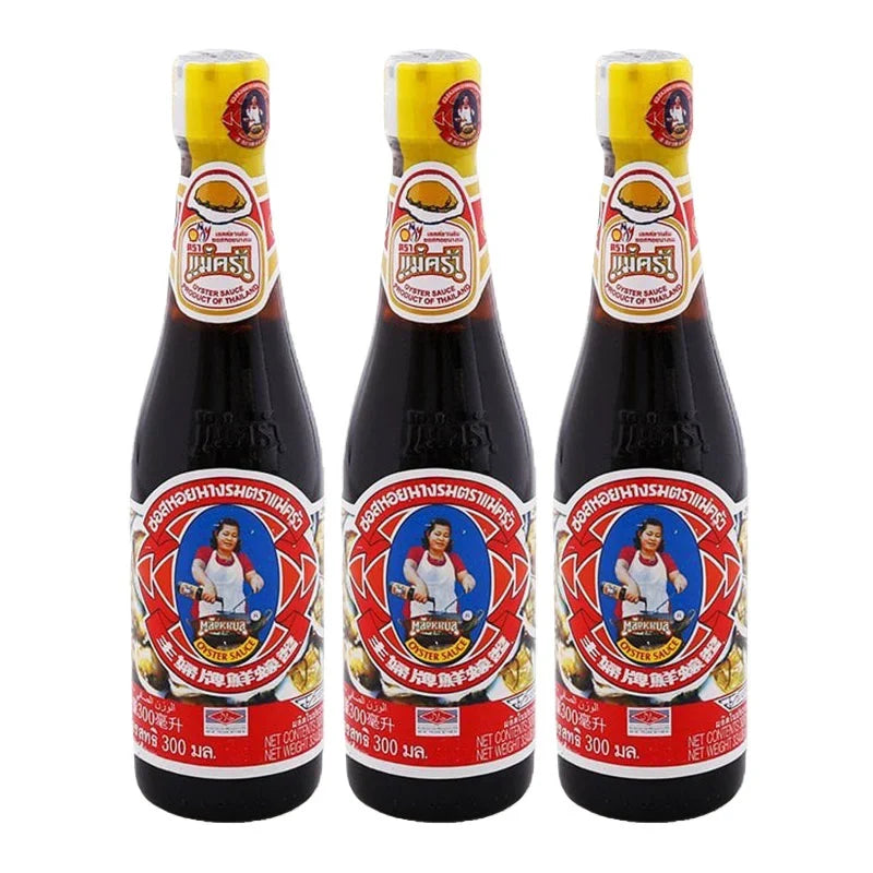 Maekrua Oyster Sauce 300ml bottles, Thai brand, in a set of three for versatile cooking and flavor enhancement.