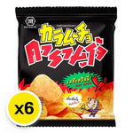 Karamucho Hot Chili Potato Chips in flat cut 18g pack, crispy snack with spicy chili flavor, shown in the image.