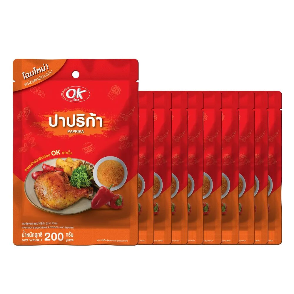 OK Shaking Powder Paprika flavor in 200g jar, dry grocery spice with vibrant red paprika seasoning on the lid and packaging.