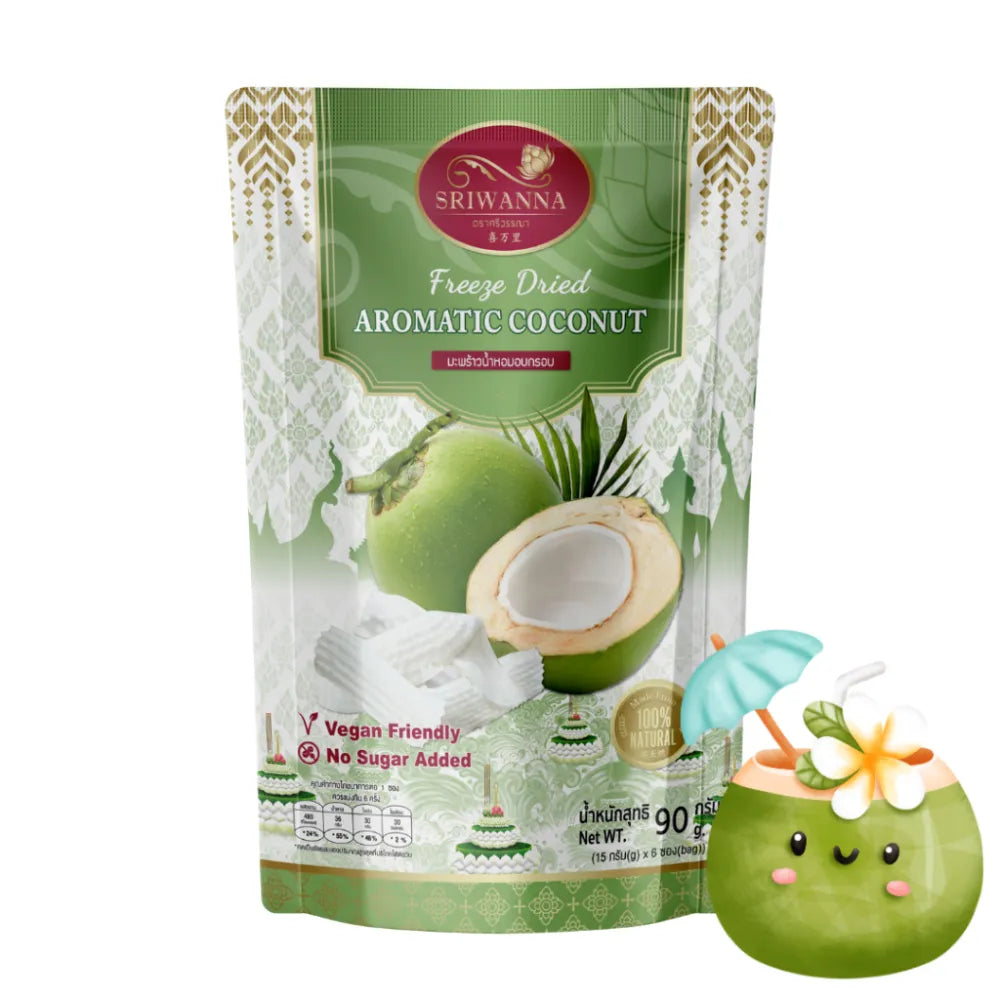 Sriwanna Freeze Dried Aromatic Coconut in 90g pack, dry grocery product with fragrant, crispy coconut pieces.