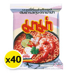 Pack of 40 Mama Instant Noodles Shrimp Tom Yum 55g packages, dry grocery, featuring spicy shrimp flavor in sealed noodle cups.