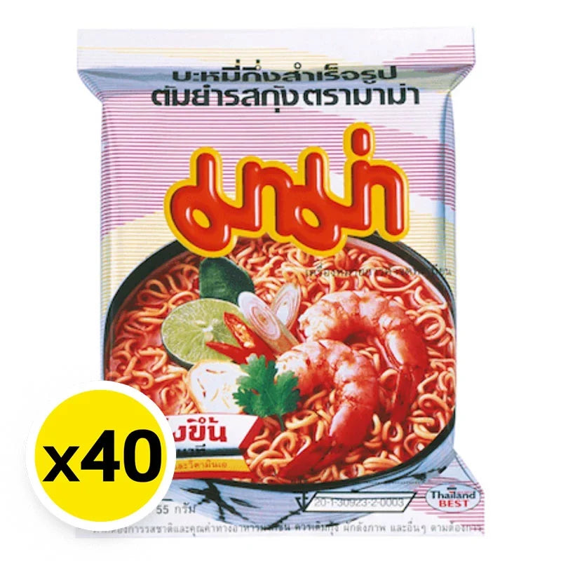 Pack of 40 Mama Instant Noodles Shrimp Tom Yum 55g packages, dry grocery, featuring spicy shrimp flavor in sealed noodle cups.