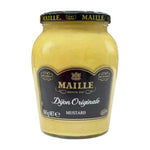 Jar of Maille Dijon Mustard with a yellow label, placed on a kitchen countertop, showcasing the classic French mustard brand.