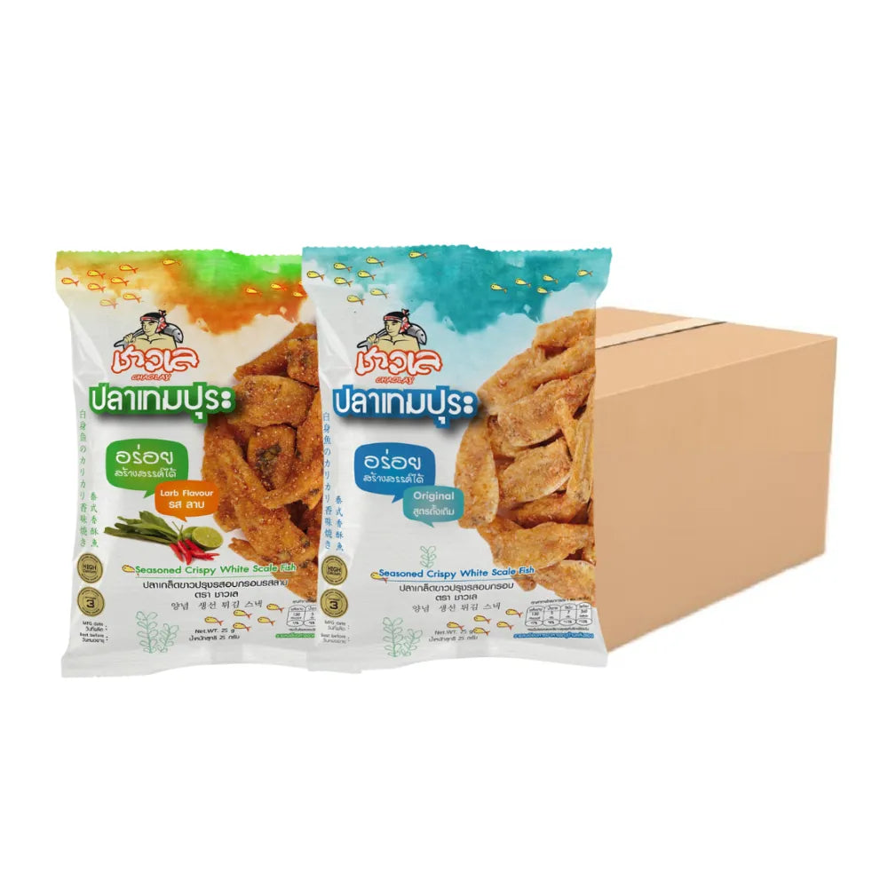 Chaolay MixCrispy White Sardine snack pack, 25g x12, crispy seafood confectionery with white sardines in a colorful packaging.