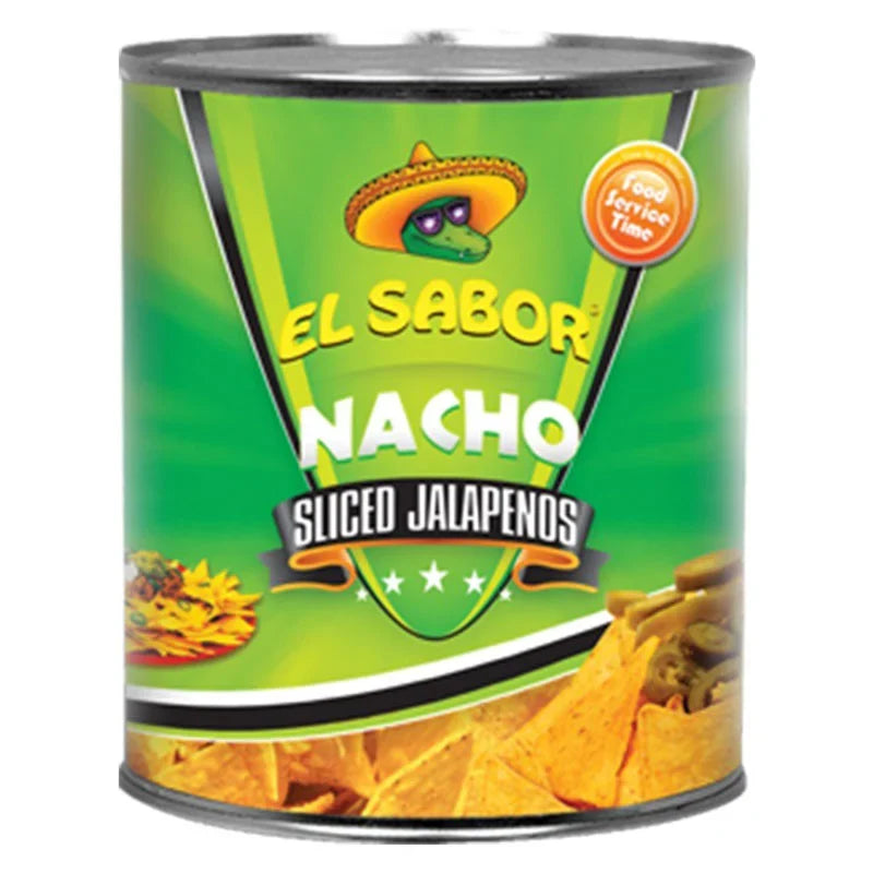 EL SABOR Nacho Sliced Jalapenos in 2.9kg dry grocery package, showing bright green jalapenos sliced for snacks or cooking.