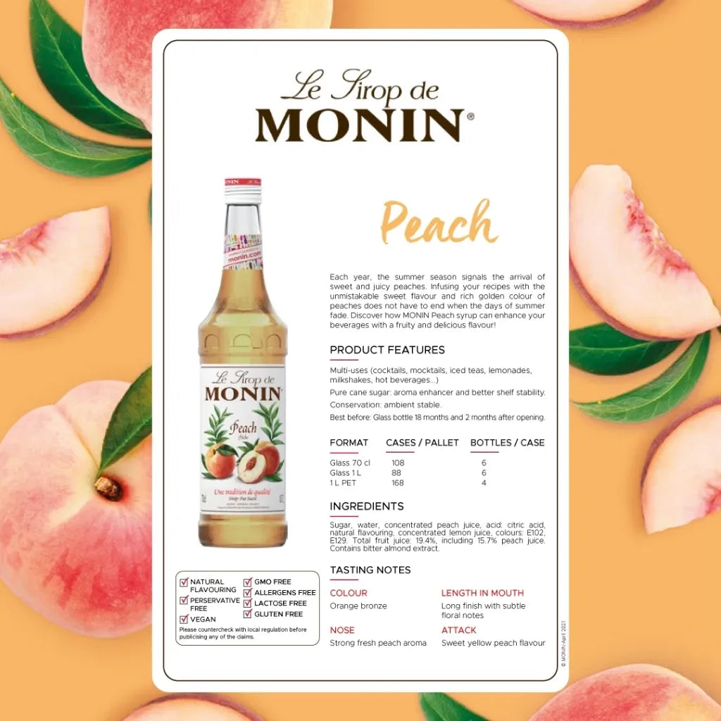 Bottle of Monin White Peach Syrup 700ml for cocktails and beverages, featuring a clear label and white cap.