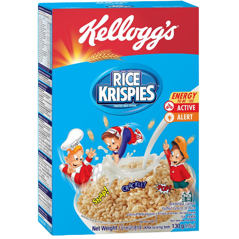 Kellogg's Krispies cereal box with colorful packaging and branding, showing a bowl of crispy rice cereal on the front.
