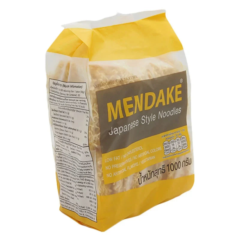 Mendake Egg Noodles 1kg in clear packaging, dry grocery product with thin, yellow egg noodles ready for cooking.