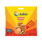 Julie's biscuit sandwich with peanut butter, 600g pack, showing the layered snack with creamy peanut butter filling between biscuits.