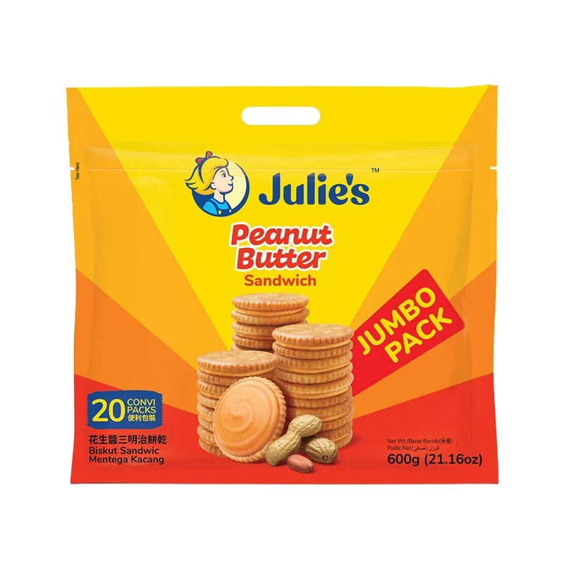 Julie's biscuit sandwich with peanut butter, 600g pack, showing the layered snack with creamy peanut butter filling between biscuits.
