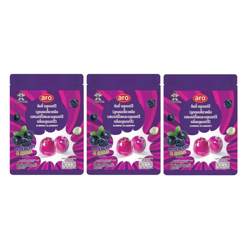 Aro Blueberry Gummy Snacks in 125g packs, showing colorful blueberry-shaped gummies in a clear plastic bag.
