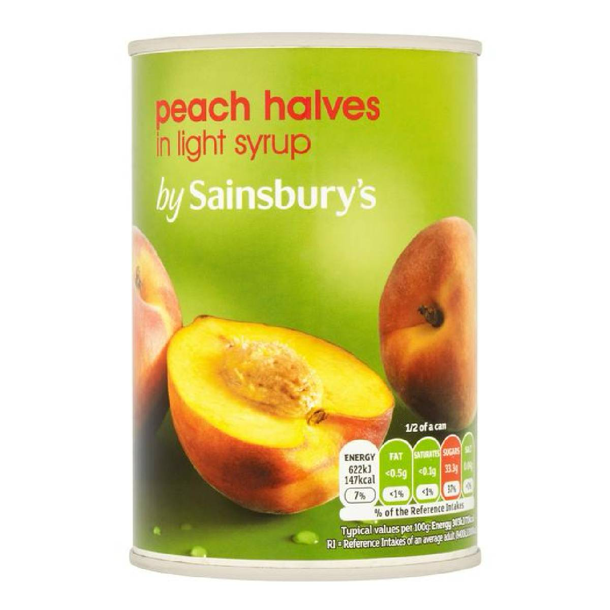 Canned Sainsbury's peach halves in syrup, packed in a metal can, ready for use in desserts or recipes.