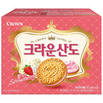 Crown Sando Strawberry Biscuit 161g, dry grocery snack with strawberry flavor, showing the biscuit packaging on a white background.