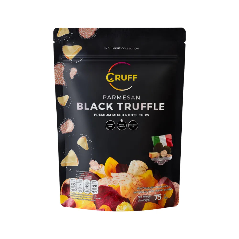 Cruff crispy multicolored fried potatoes snack with parmesan and black truffle, savory confectionery treat in a colorful presentation.
