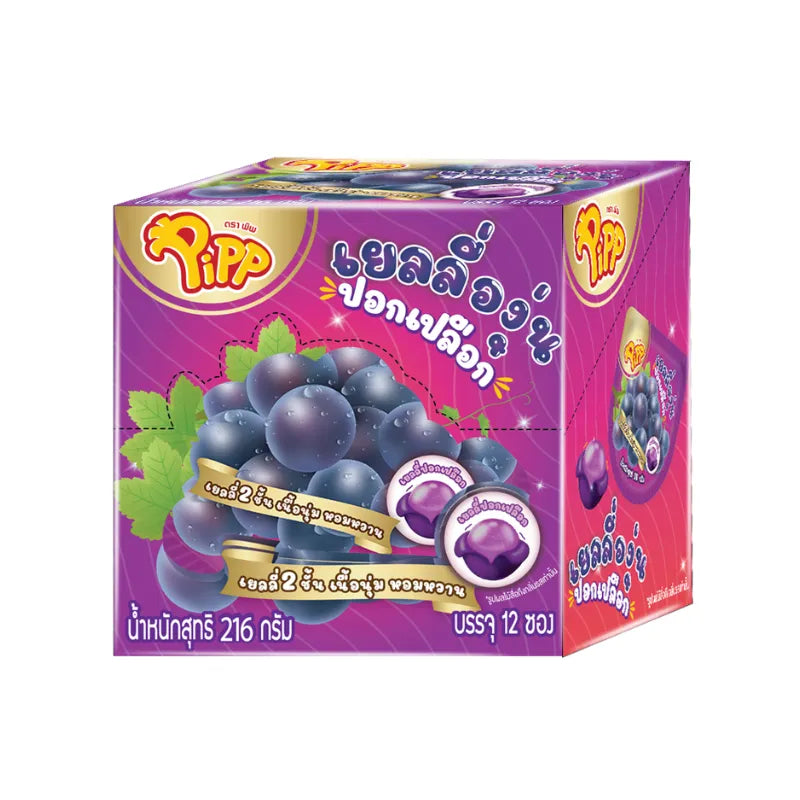 PIPP Pipp Peelable Gummy Grape flavor snacks, 18g x12 packs, chewy candy in colorful packaging, ideal for dry grocery and confectionery.