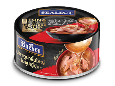 Canned Sealect Tuna Big Flake in Japanese Soup, seafood product with large tuna flakes in savory broth, ideal for Asian dishes.