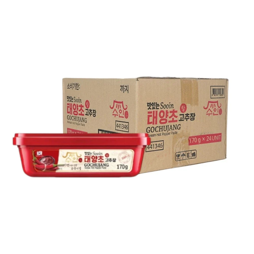 Bottle of Sooin Gochujang Sauce from SOOIN, a spicy and savory Korean chili paste for cooking and dipping.