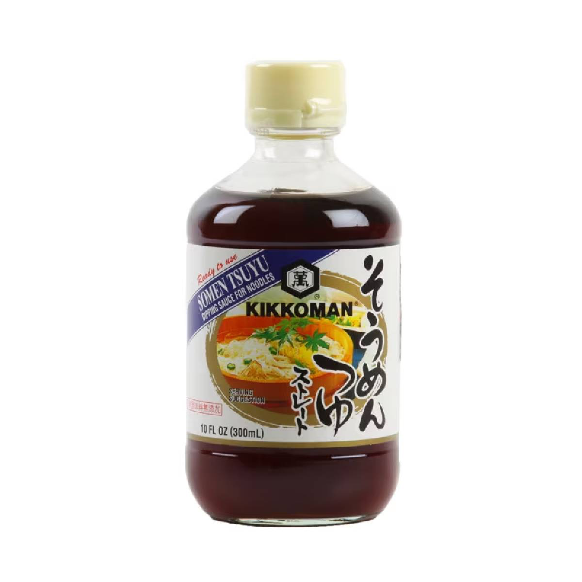 Kikkoman Somen Tsuyu Sauce bottle, a Japanese soy-based dipping sauce for noodles, with label and cap visible.
