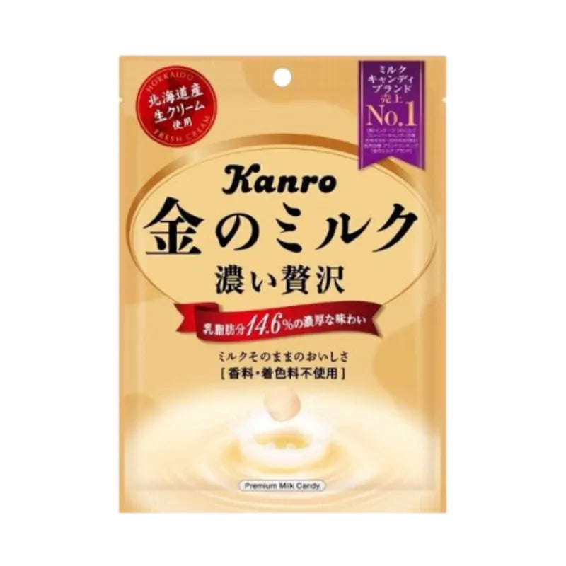 Kanro Premium Milk Candy 80g, a close-up of soft, creamy milk confectionery in bright packaging, ideal for snacking.