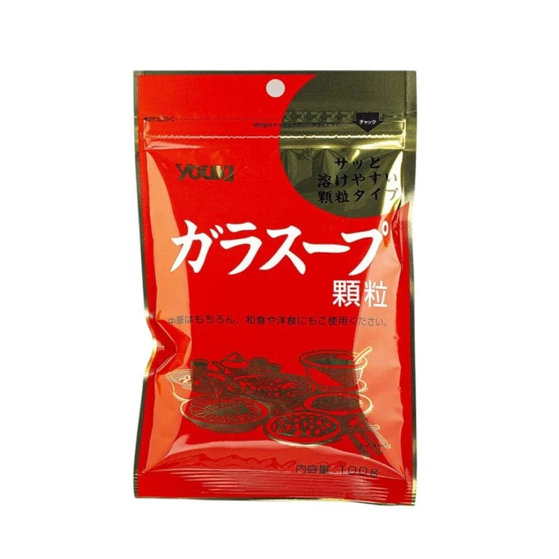 Youki Shokuhin chicken and beef granule soup stock in a clear jar, showing dry granules for flavorful cooking.