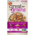 Bowl of Post Great Grains Raisins, Dates & Pecans cereal with raisins, dates, pecans, and whole grains in a white bowl on a wooden table