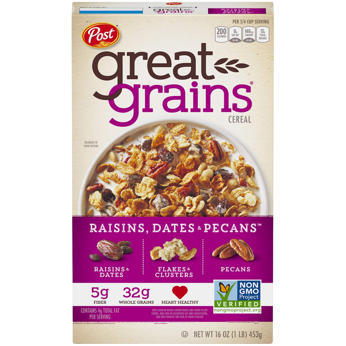 Bowl of Post Great Grains Raisins, Dates & Pecans cereal with raisins, dates, pecans, and whole grains in a white bowl on a wooden table