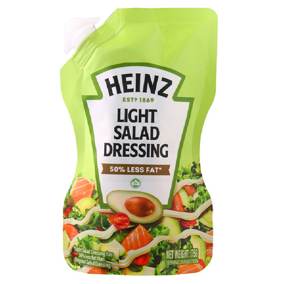Heinz Light Salad Dressing in a Doypack, clear plastic pouch with Heinz branding and a label showing fresh salad ingredients.