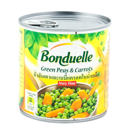 Bonduelle Peas and baby carrots in a grocery package, fresh and vibrant vegetables for healthy eating.
