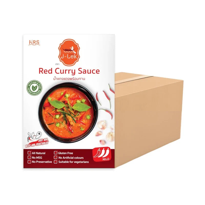 J-lek Red Curry Paste Packets in 250g dry grocery pack, showcasing vibrant red curry paste in sealed packets.