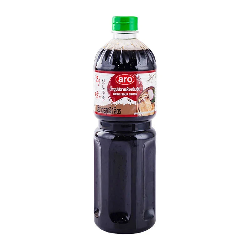 ARO Dashi Soup Stock 1L bottle, dry grocery product, showing the product label and packaging for flavorful Japanese soup base