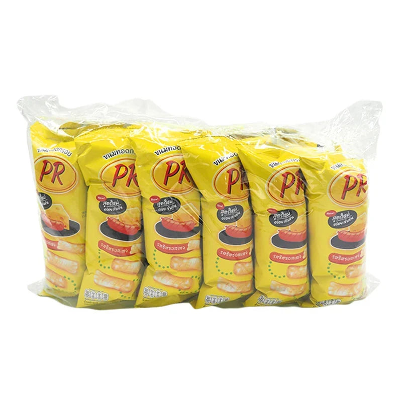 PR Crispy Snack Cheese & Sausage, 18g x 12 packs, savory dry grocery snack with cheese and sausage flavors on a white background.