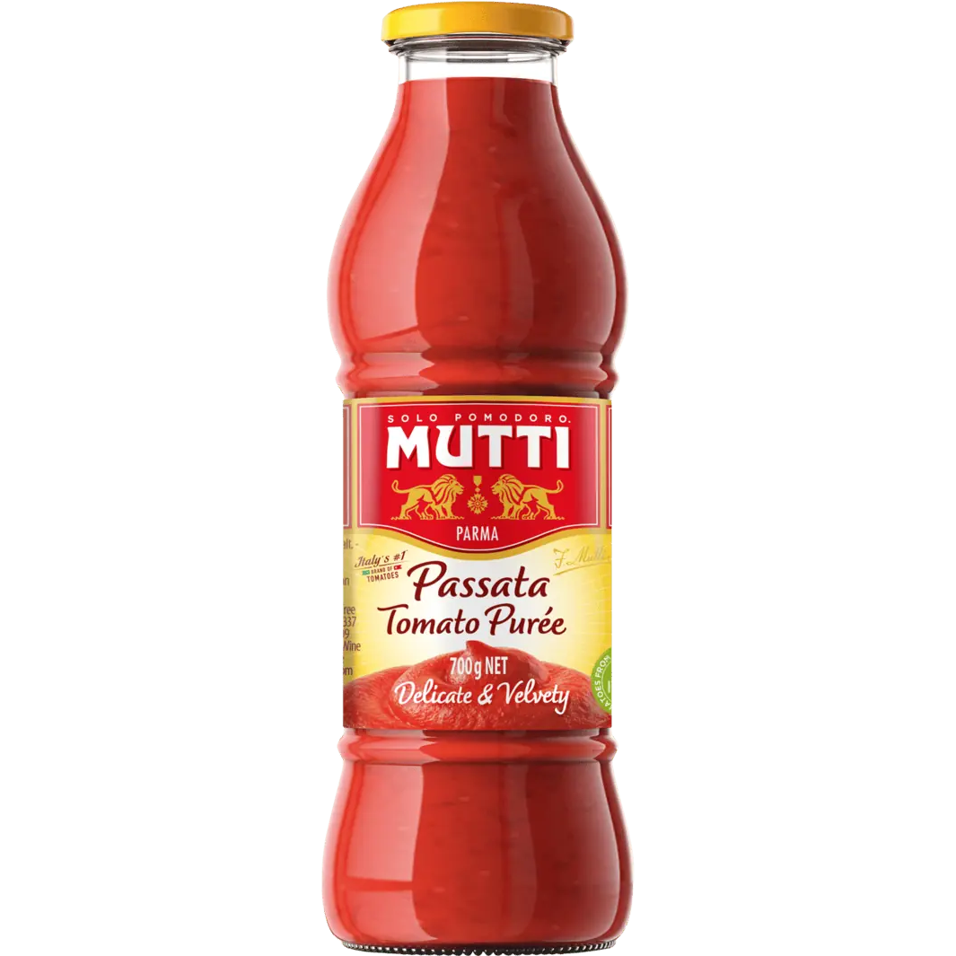 Mutti Passata di Pomodoro tomato puree in a glass jar, smooth bright red tomato sauce for cooking and recipes.