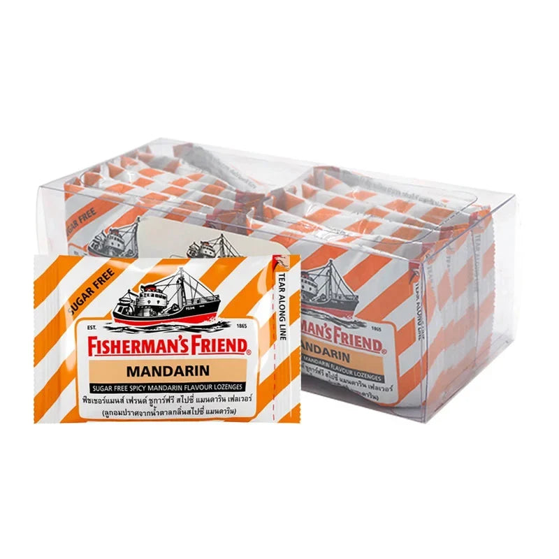 Fisherman's Friend sugar-free spicy mandarin lozenges in a box, perfect for dry grocery and confectionery snack cravings