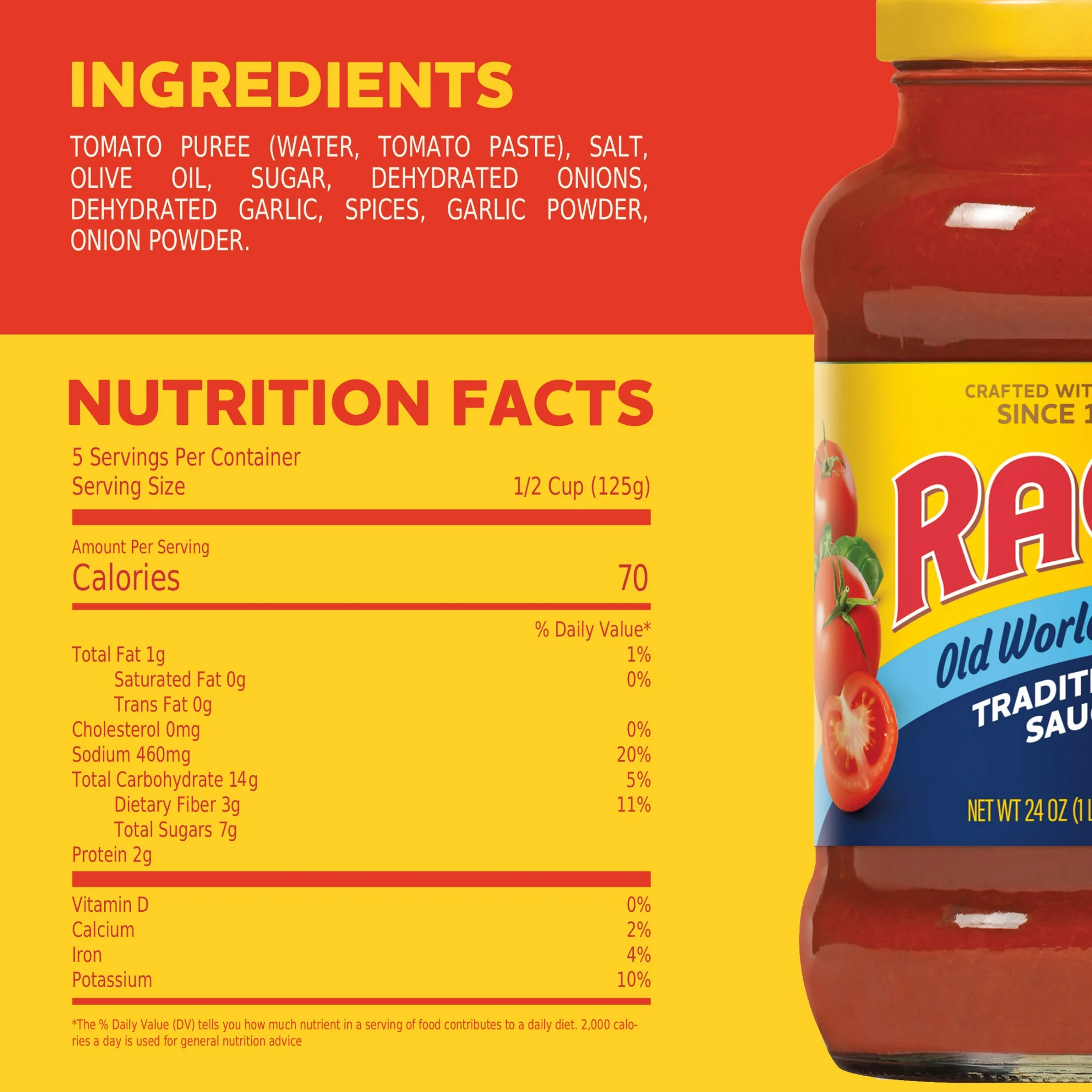 Jar of Ragu Traditional Pasta Sauce with tomato and herbs, ideal for Italian-style pasta dishes.