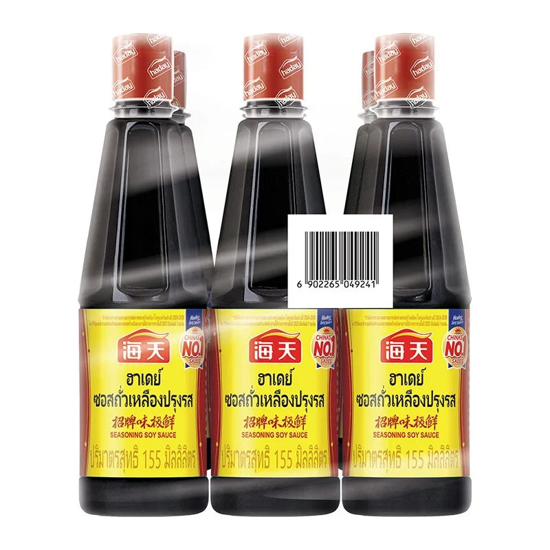 HADAY Seasoning Soy Sauce 155ml bottle, part of a six-pack for dry grocery use, with a dark soy sauce label on the bottle