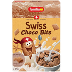 Familia Swiss Choco Bits in a clear container, small chocolate pieces ideal for baking or snacking.