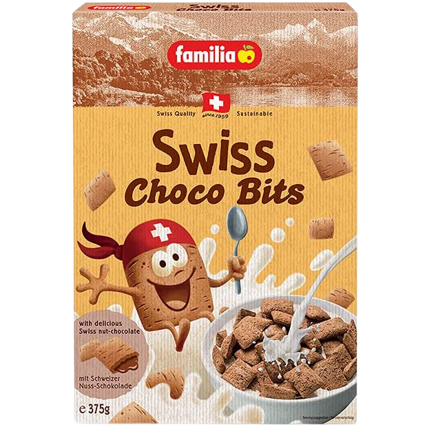 Familia Swiss Choco Bits in a clear container, small chocolate pieces ideal for baking or snacking.