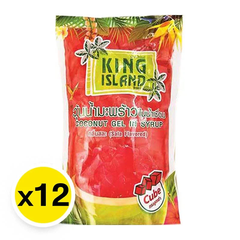 Makro Coconut Jelly Salad flavor, 1kg pack, dry grocery snack, close-up of coconut jelly pieces in a clear bowl.