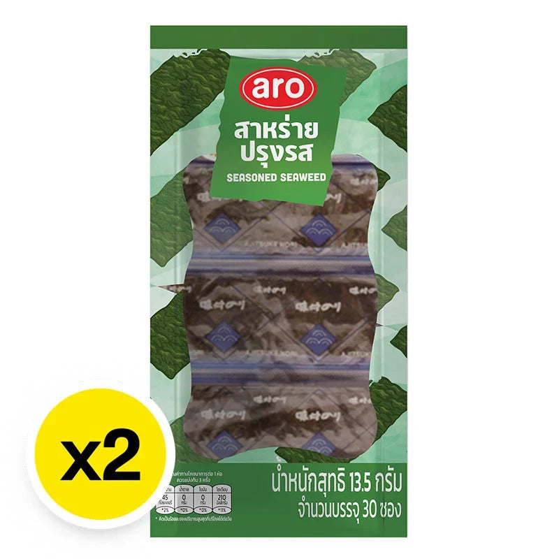 A pack of ARO seasoned seaweed snacks, 13.5g, showing crispy, seasoned dried seaweed sheets in a clear package.