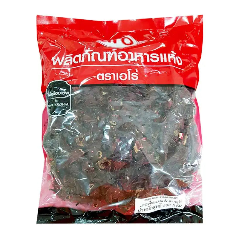 Dried roselle flowers in a 500g package from ARO, suitable for dry grocery and herbal tea preparation.