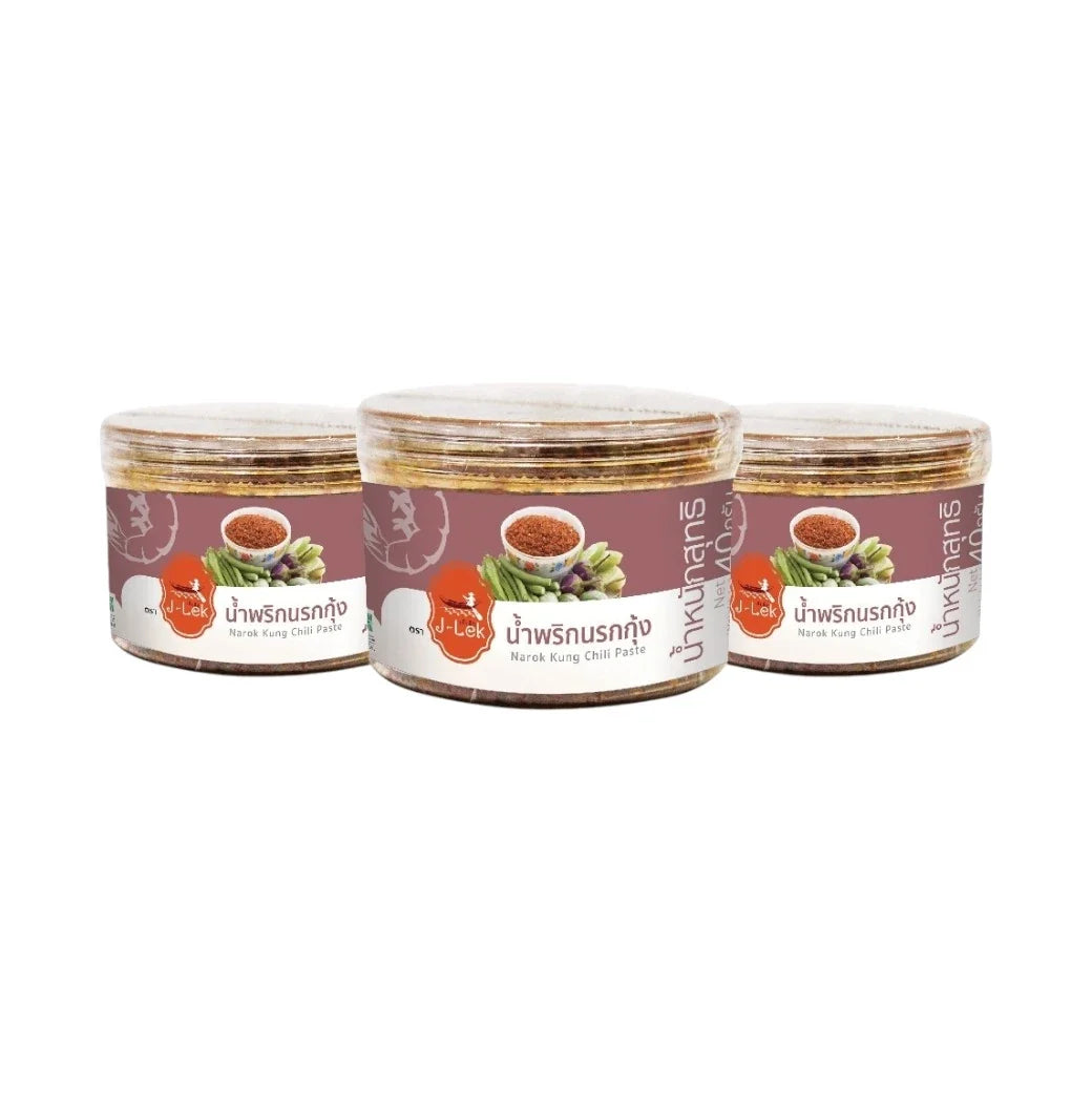J-lek Jae Lek Shrimp Chili Paste in a 40g plastic jar, spicy dry grocery product with red chili and shrimp ingredients.
