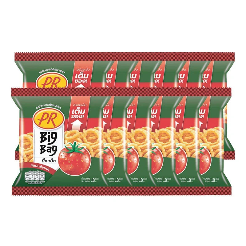 PR Rice Cracker Tomato Flavour snack pack, 18g x12, crispy rice crackers with tangy tomato flavor in a colorful snack package.