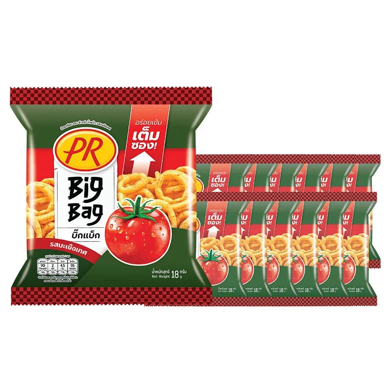 PR Rice Crackers Tomato Flavour 18g snack pack, crispy dry grocery snack with vibrant tomato flavor in a multi-pack display.