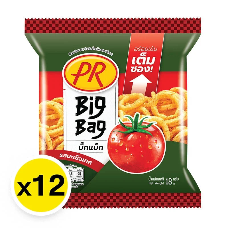 PR Rice Cracker Tomato Flavor snack pack, 18g x 12, dry grocery snack with crispy rice crackers and tomato flavor.